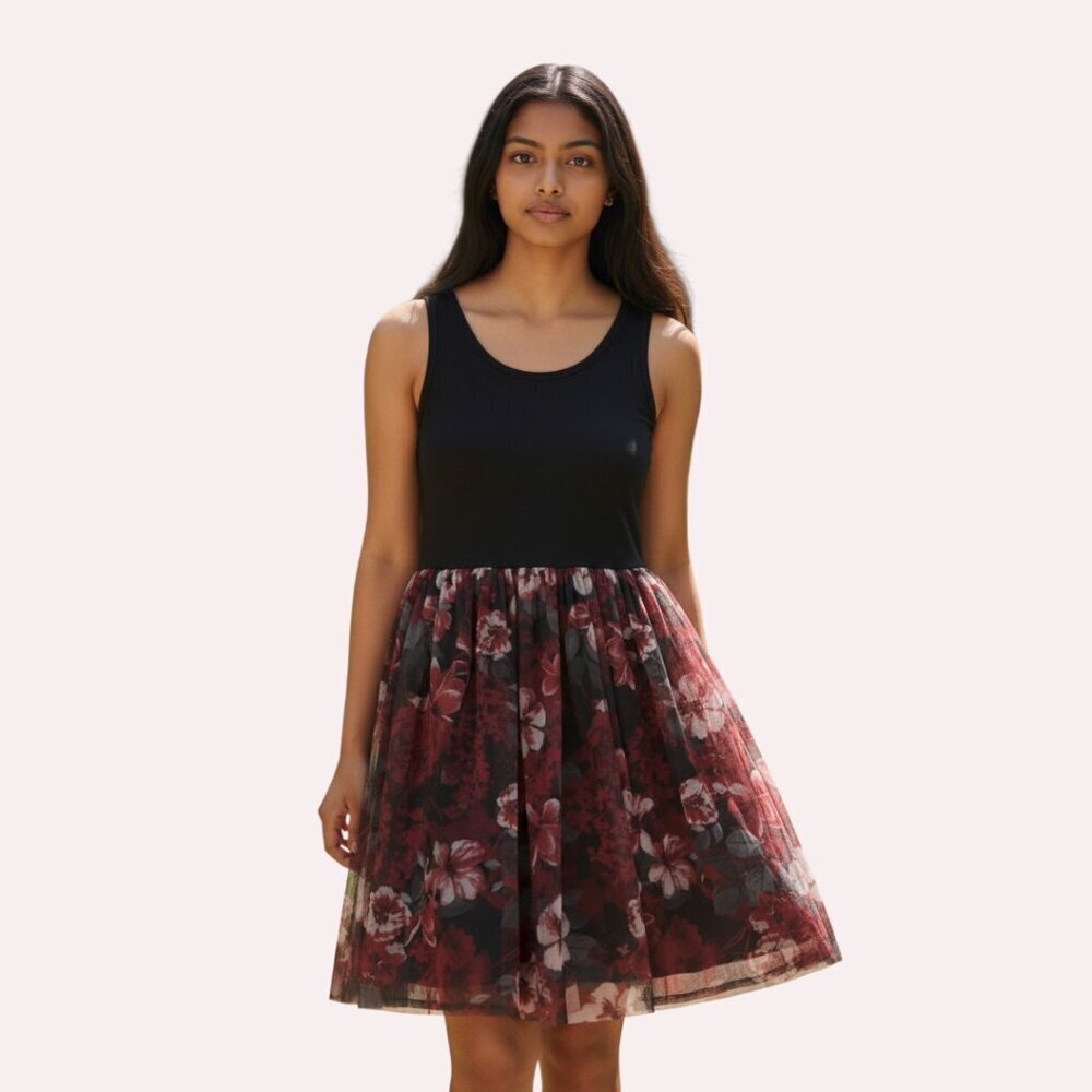 Knit Works Girl's Tulle Tank Skater Dress Burgundy Black Floral Print Sz 14 EUC